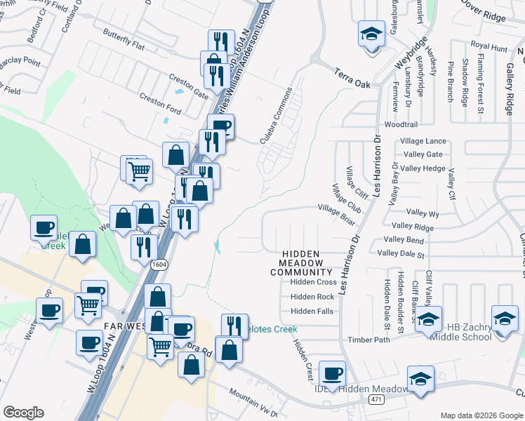 map of restaurants, bars, coffee shops, grocery stores, and more near 9937 Village Briar in San Antonio