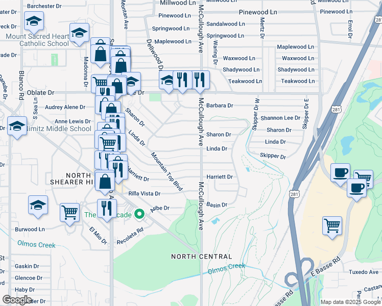 map of restaurants, bars, coffee shops, grocery stores, and more near 237 Linda Drive in San Antonio