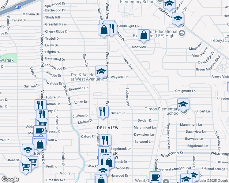 map of restaurants, bars, coffee shops, grocery stores, and more near 3900 West Avenue in San Antonio