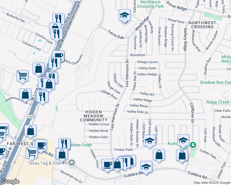 map of restaurants, bars, coffee shops, grocery stores, and more near 6313 Village Cliff in San Antonio