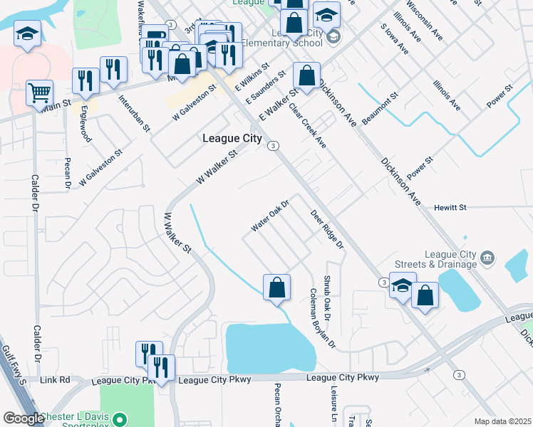 map of restaurants, bars, coffee shops, grocery stores, and more near 119 Water Oak Drive in League City