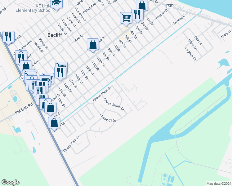 map of restaurants, bars, coffee shops, grocery stores, and more near 703 Chase Land Circle in Bacliff