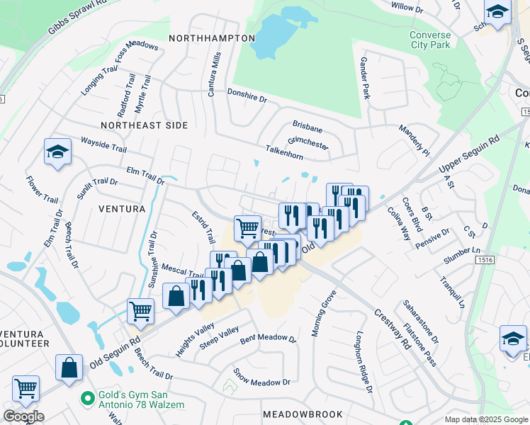 map of restaurants, bars, coffee shops, grocery stores, and more near 8355 Crestway Drive in Converse