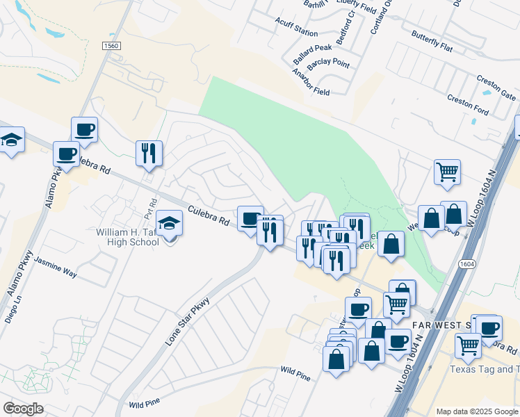 map of restaurants, bars, coffee shops, grocery stores, and more near 553 River Chase in San Antonio