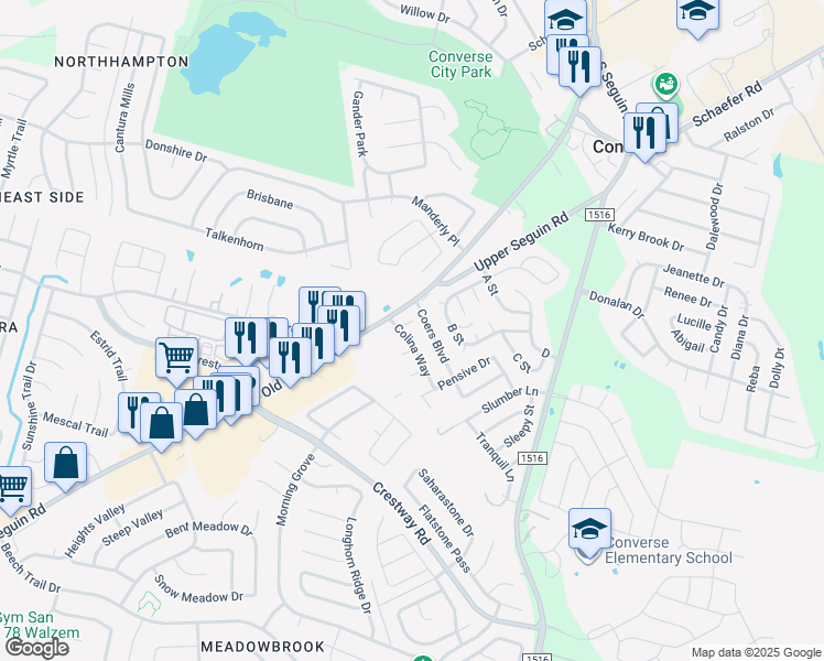 map of restaurants, bars, coffee shops, grocery stores, and more near 8802 Seguin Road in Converse