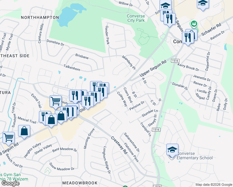 map of restaurants, bars, coffee shops, grocery stores, and more near 8802 Seguin Road in Converse