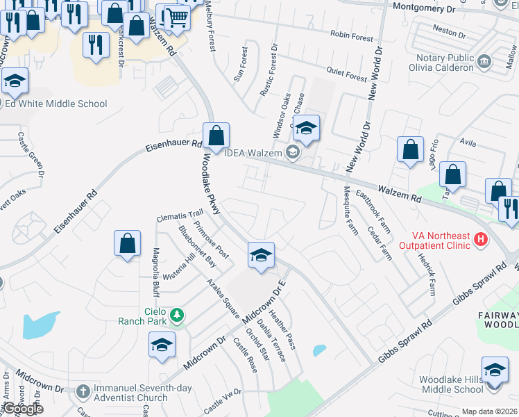 map of restaurants, bars, coffee shops, grocery stores, and more near 7203 Woodlake Parkway in San Antonio
