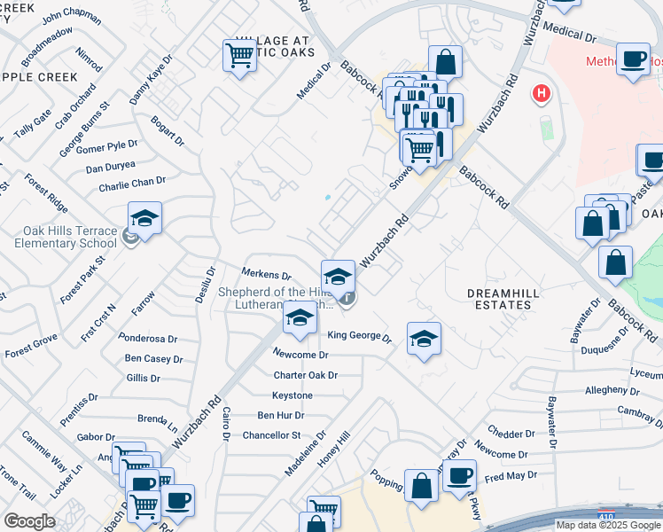 map of restaurants, bars, coffee shops, grocery stores, and more near 7043 Tourant Road in San Antonio