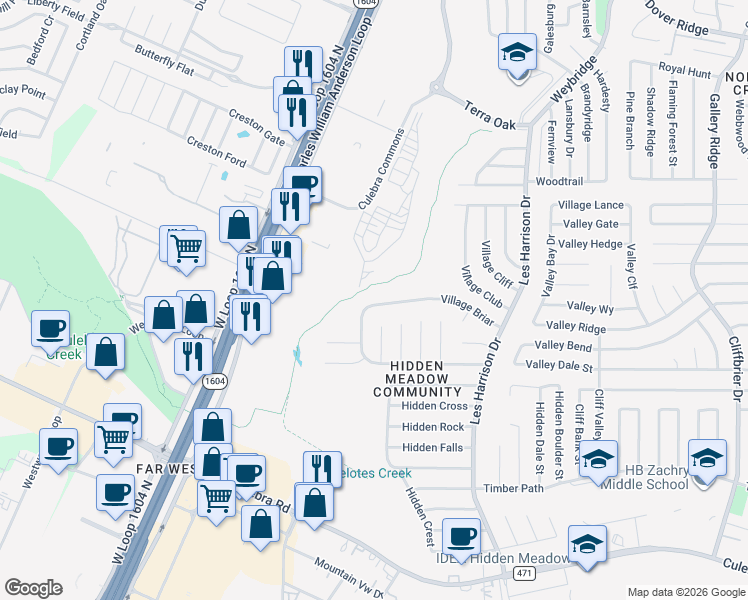 map of restaurants, bars, coffee shops, grocery stores, and more near 9937 Village Briar in San Antonio