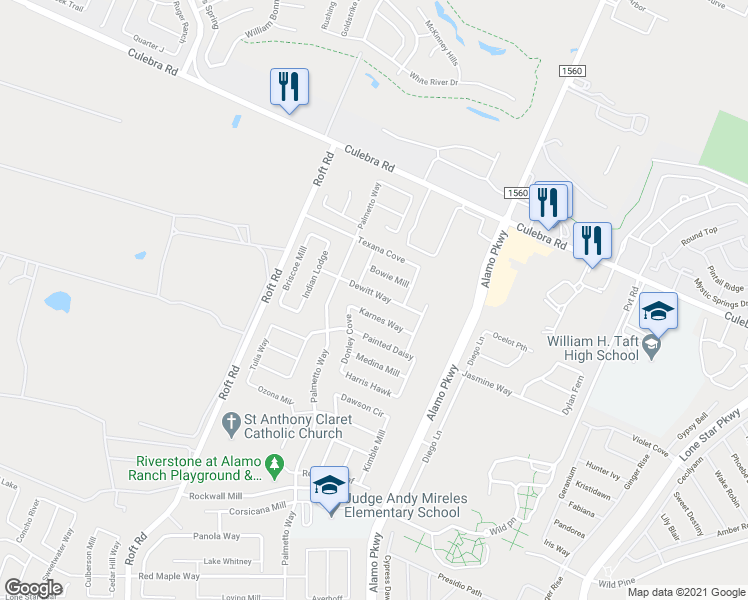 map of restaurants, bars, coffee shops, grocery stores, and more near 12118 Bowie Mill in San Antonio