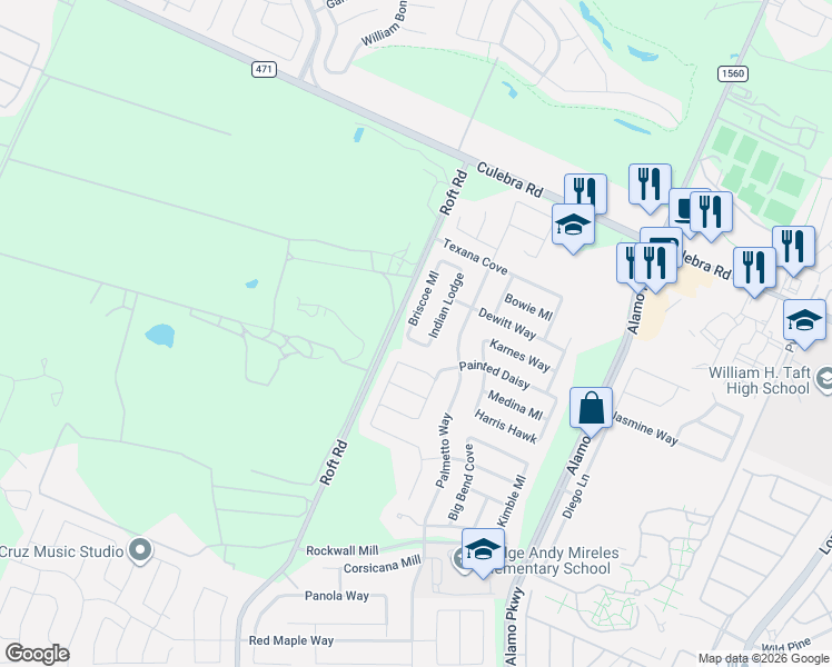 map of restaurants, bars, coffee shops, grocery stores, and more near 6727 Briscoe Mill in San Antonio