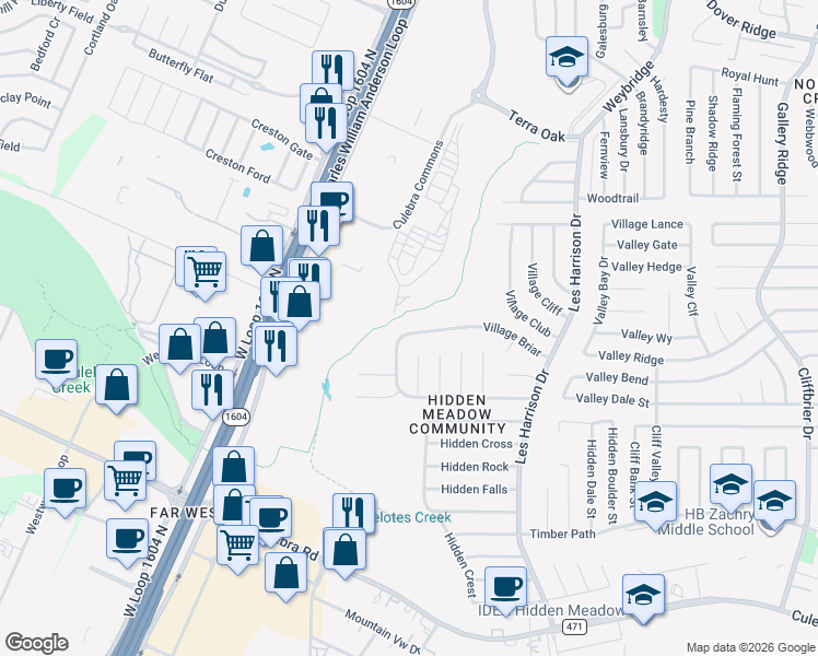 map of restaurants, bars, coffee shops, grocery stores, and more near 9937 Village Briar in San Antonio