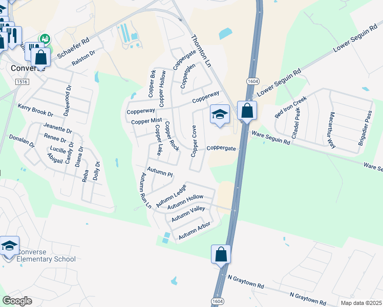 map of restaurants, bars, coffee shops, grocery stores, and more near 7503 Copper Kettle Road in Converse