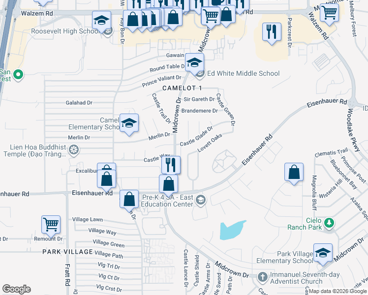 map of restaurants, bars, coffee shops, grocery stores, and more near 7402 Castle Crown Drive in San Antonio