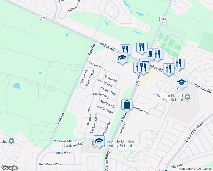 map of restaurants, bars, coffee shops, grocery stores, and more near 12118 Bowie Mill in San Antonio