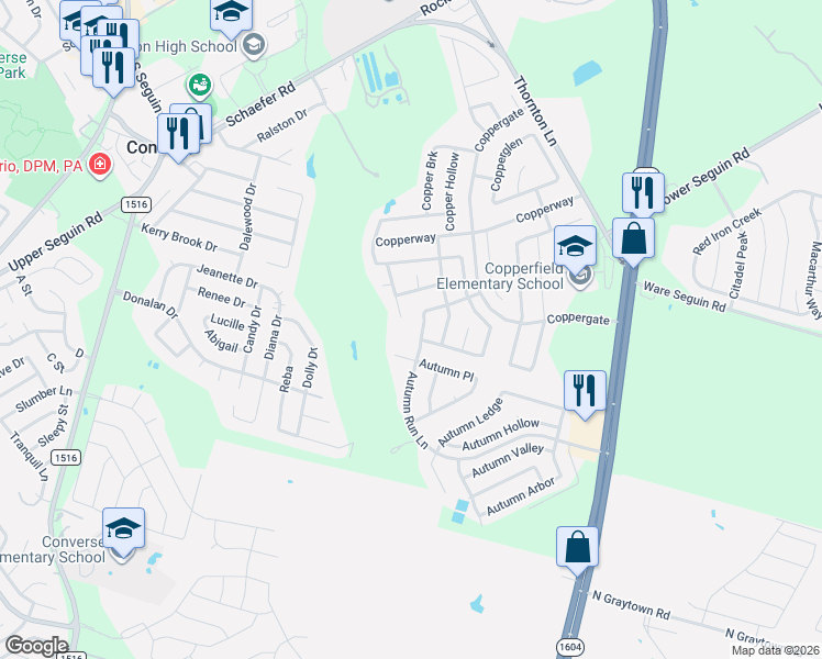 map of restaurants, bars, coffee shops, grocery stores, and more near 7415 Copper Mesa in Converse