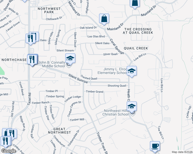 map of restaurants, bars, coffee shops, grocery stores, and more near 6871 Crested Quail in San Antonio