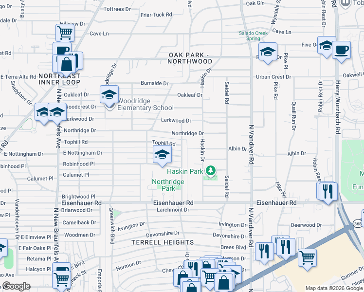 map of restaurants, bars, coffee shops, grocery stores, and more near 1016 Chevy Chase Drive in San Antonio