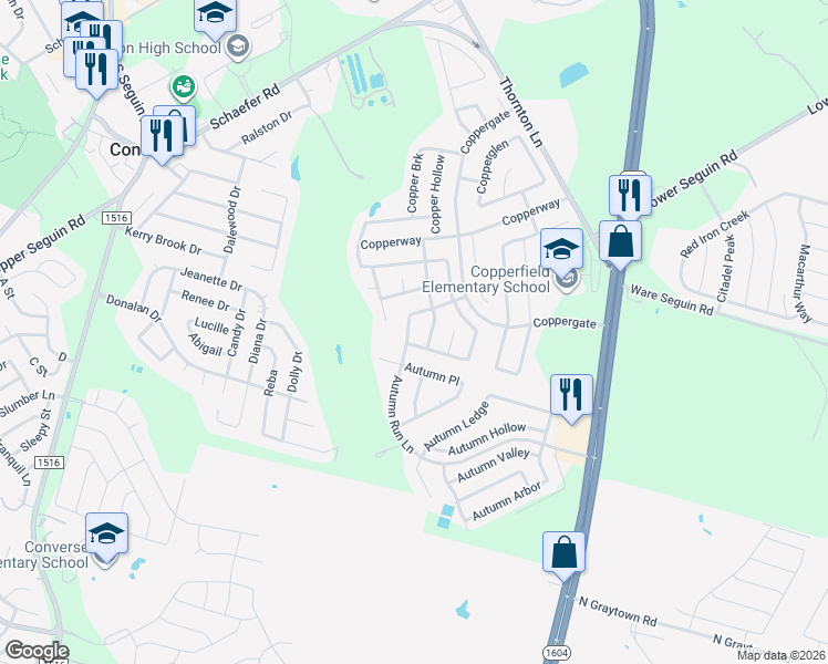 map of restaurants, bars, coffee shops, grocery stores, and more near 9614 Copper Falls in Converse