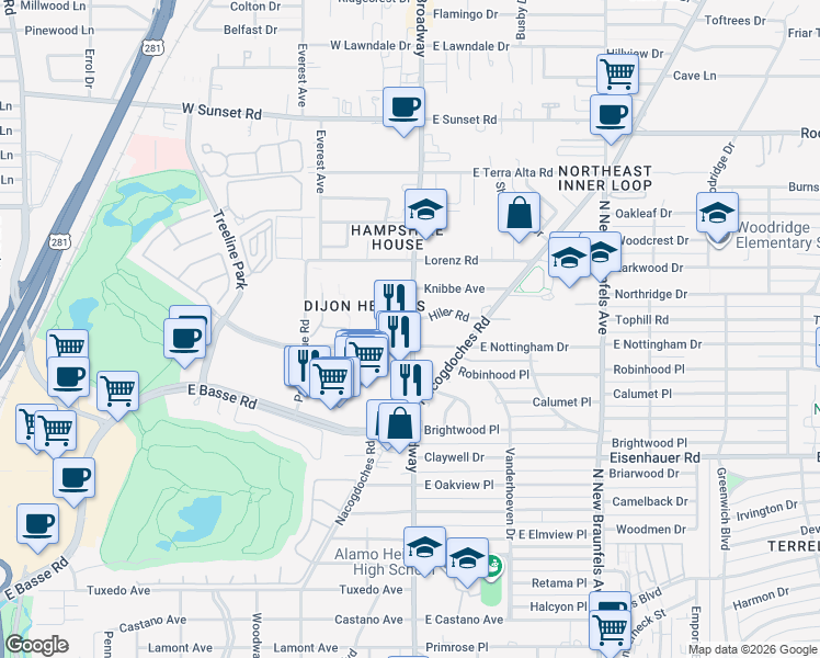 map of restaurants, bars, coffee shops, grocery stores, and more near 107 Hiler Road in San Antonio