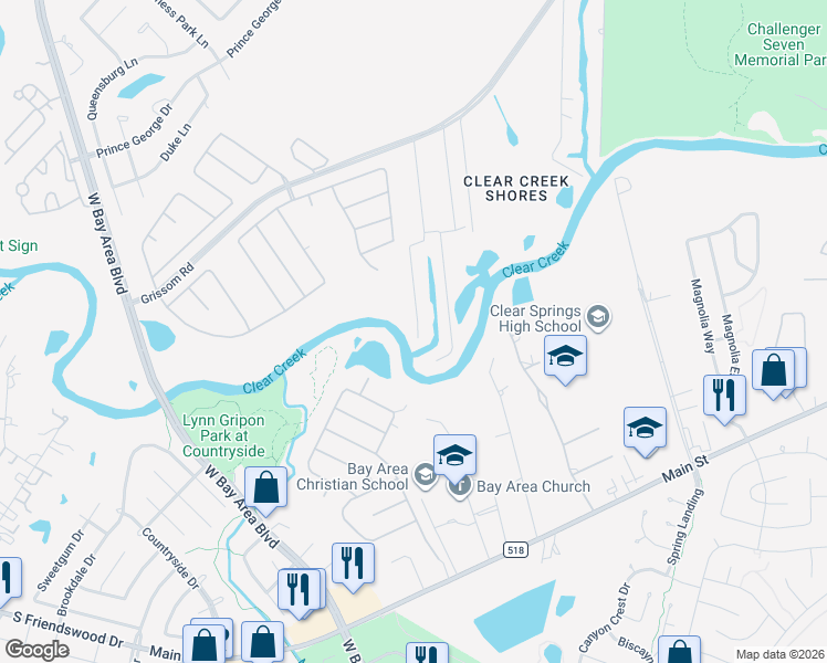 map of restaurants, bars, coffee shops, grocery stores, and more near 3100 Massengale Lane in Webster