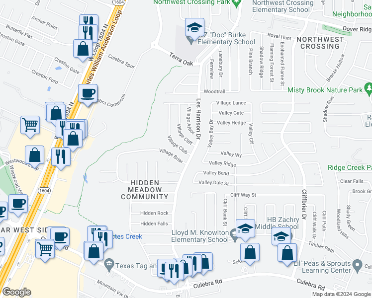 map of restaurants, bars, coffee shops, grocery stores, and more near 6308 Village Club in San Antonio