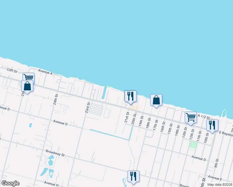 map of restaurants, bars, coffee shops, grocery stores, and more near 2241 Avenue A in Dickinson