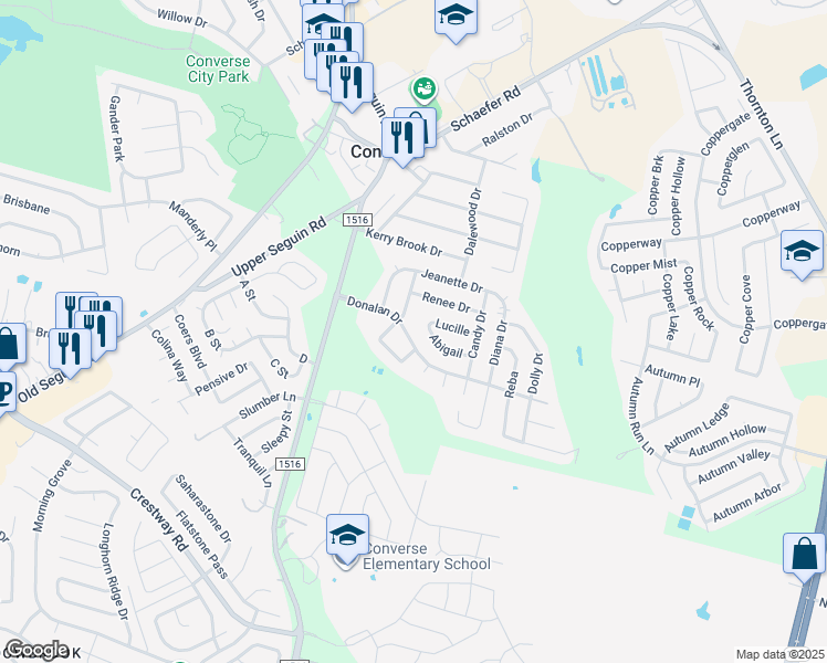 map of restaurants, bars, coffee shops, grocery stores, and more near 315 Donalan Drive in Converse