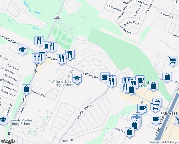 map of restaurants, bars, coffee shops, grocery stores, and more near Mystic Springs Drive in San Antonio