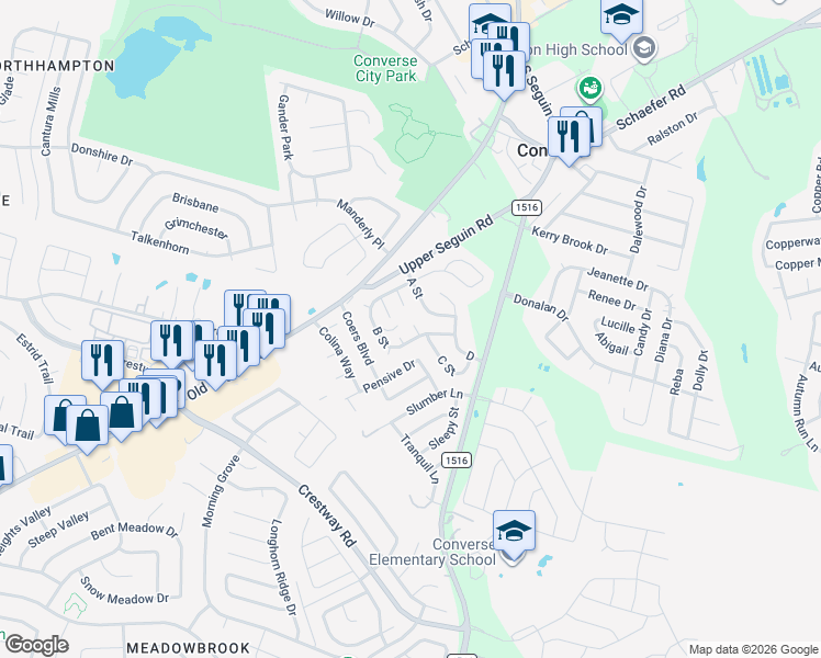 map of restaurants, bars, coffee shops, grocery stores, and more near 54 B in Converse