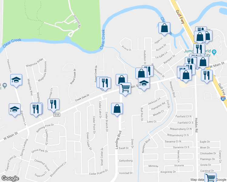 map of restaurants, bars, coffee shops, grocery stores, and more near 2744 Farm to Market Road 518 in League City