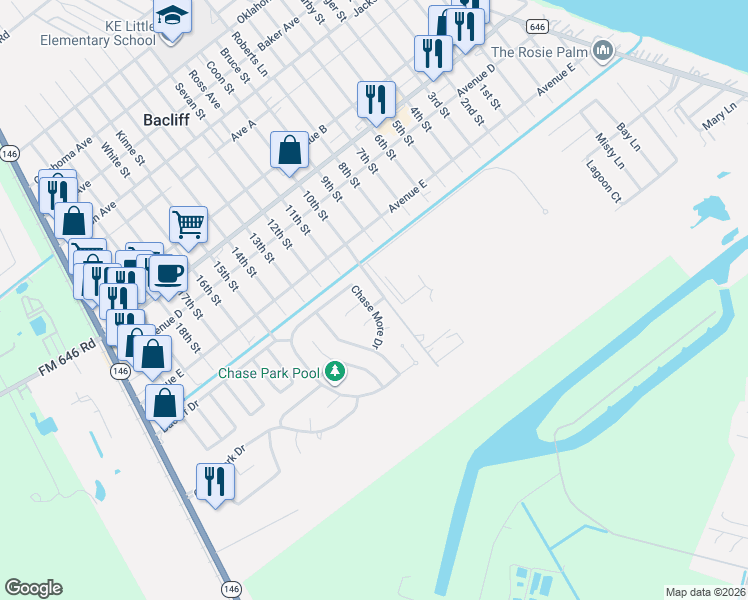 map of restaurants, bars, coffee shops, grocery stores, and more near 4835 Chase More Drive in Bacliff
