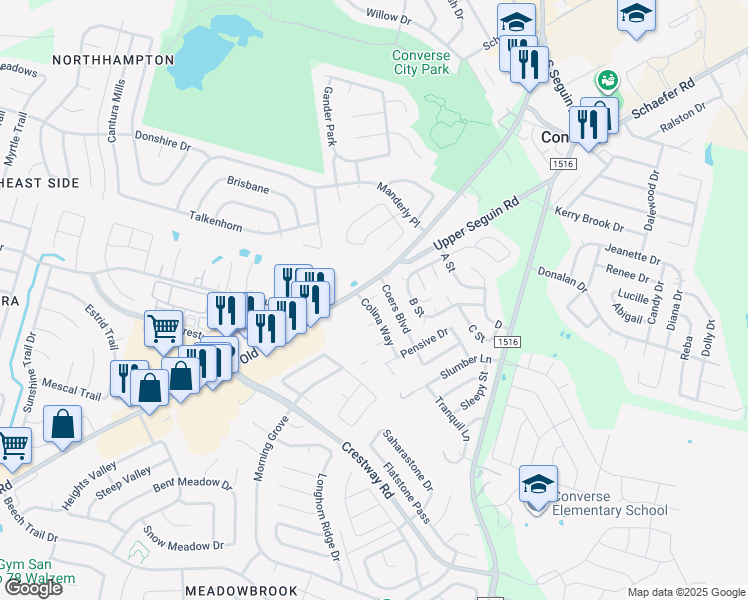 map of restaurants, bars, coffee shops, grocery stores, and more near 8802 Seguin Road in Converse