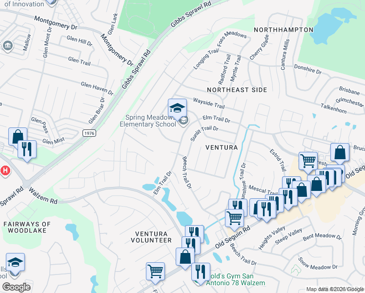 map of restaurants, bars, coffee shops, grocery stores, and more near 7122 Elm Trail Drive in San Antonio