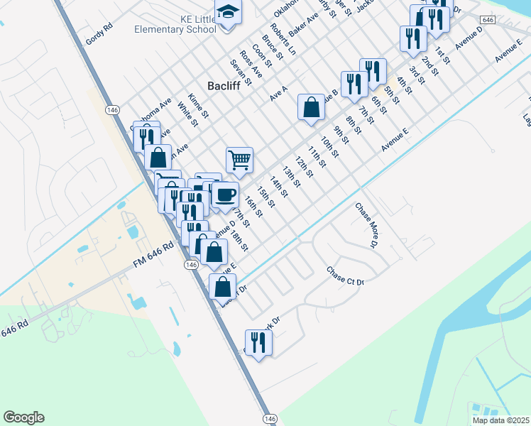 map of restaurants, bars, coffee shops, grocery stores, and more near 935 Avenue D in Bacliff