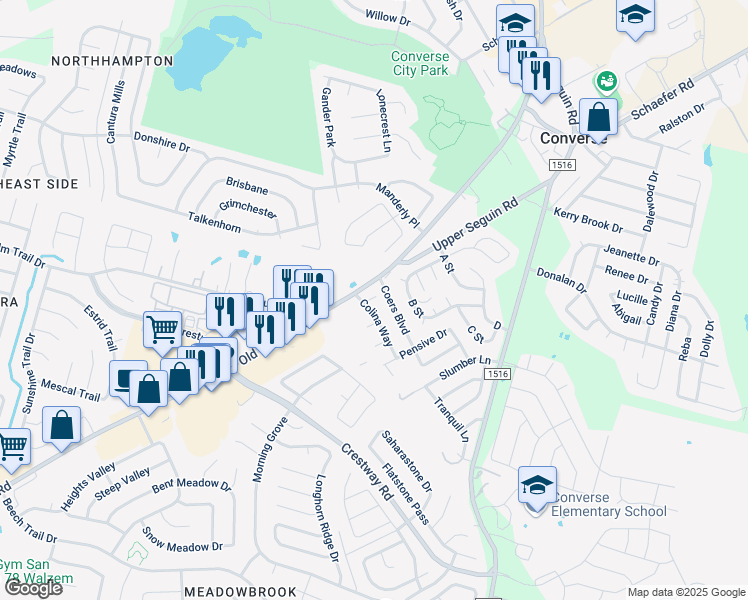 map of restaurants, bars, coffee shops, grocery stores, and more near 8802 Seguin Road in Converse