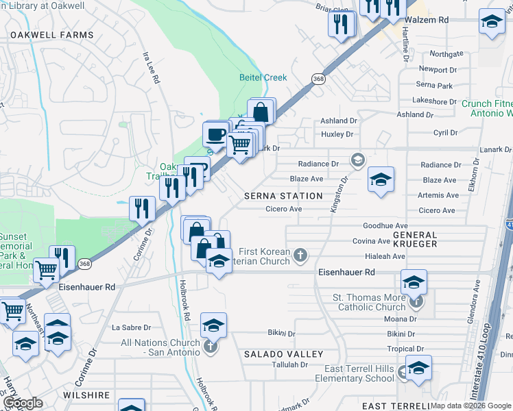 map of restaurants, bars, coffee shops, grocery stores, and more near 202 Artemis Drive in San Antonio