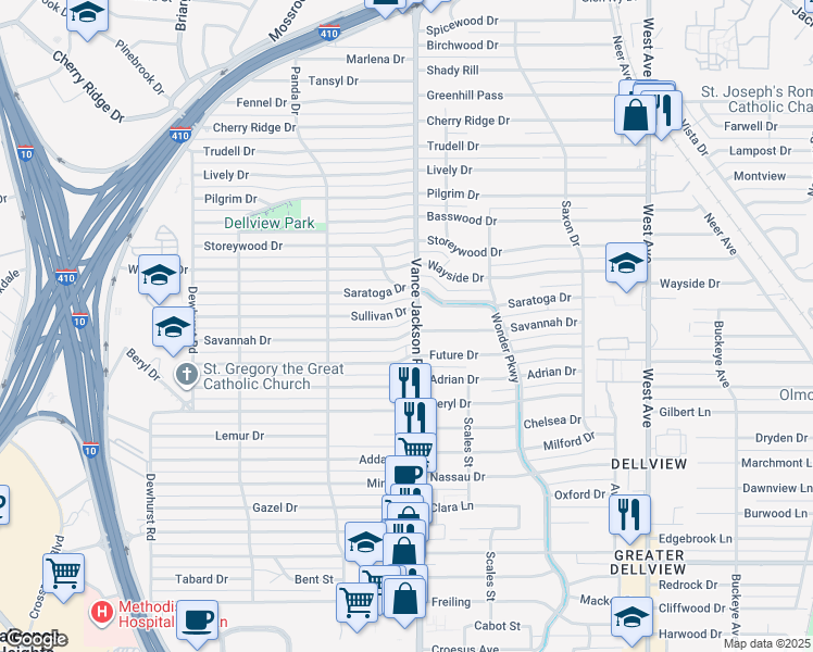 map of restaurants, bars, coffee shops, grocery stores, and more near 102 Sullivan Drive in San Antonio