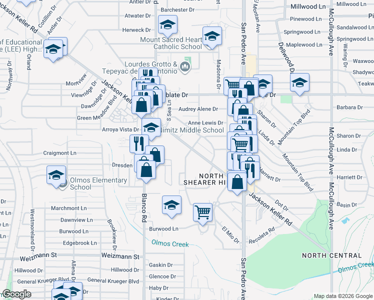 map of restaurants, bars, coffee shops, grocery stores, and more near 623 Jackson Keller Road in San Antonio
