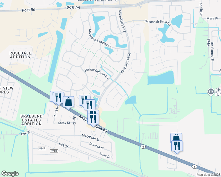 map of restaurants, bars, coffee shops, grocery stores, and more near 5708 Montclair Hill Lane in Rosharon