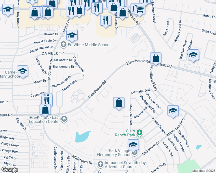 map of restaurants, bars, coffee shops, grocery stores, and more near 7623 Cypress Vine in San Antonio