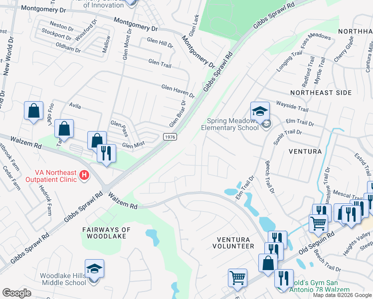 map of restaurants, bars, coffee shops, grocery stores, and more near 7403 Branching Elm in San Antonio