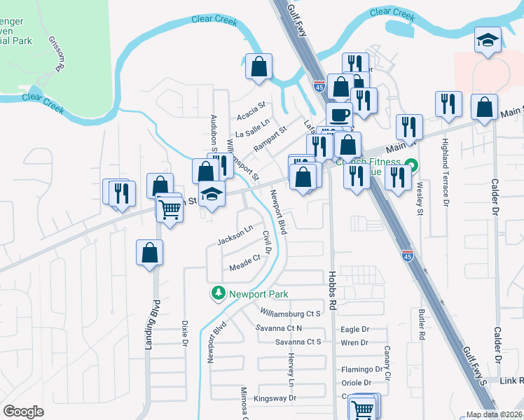 map of restaurants, bars, coffee shops, grocery stores, and more near 110 Civil Drive in League City