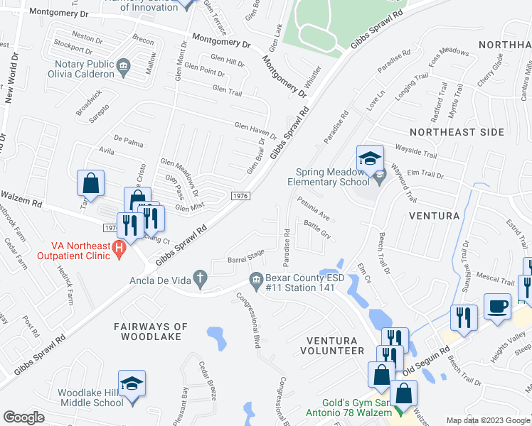 map of restaurants, bars, coffee shops, grocery stores, and more near 7403 Branching Elm in San Antonio