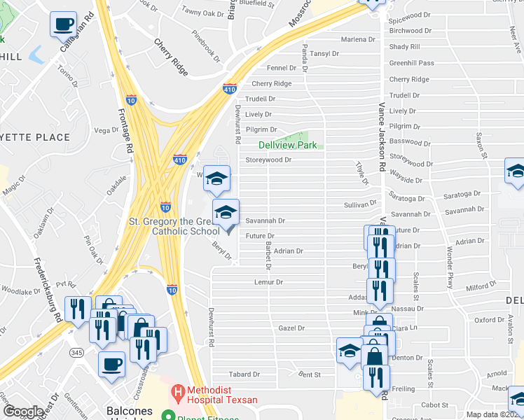 map of restaurants, bars, coffee shops, grocery stores, and more near 306 Sullivan Drive in San Antonio