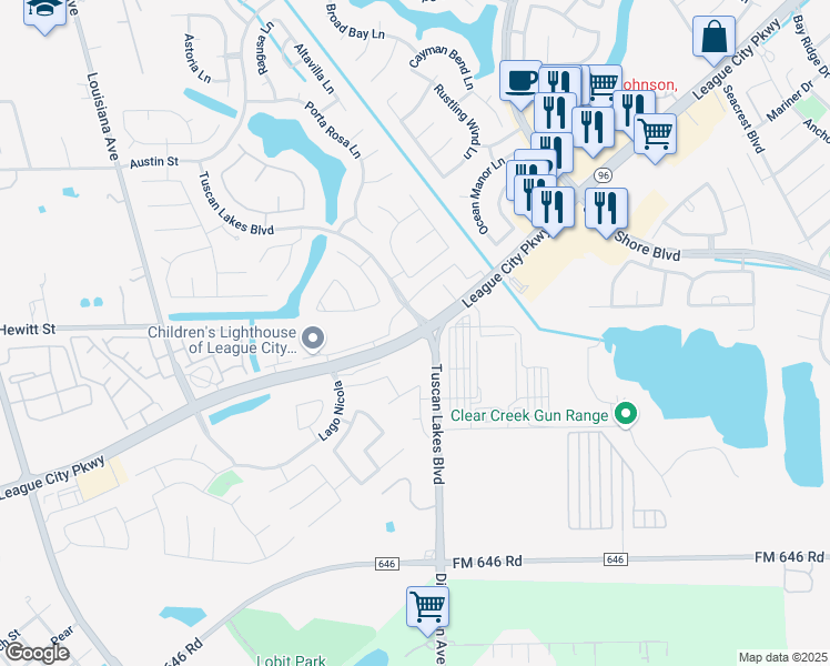 map of restaurants, bars, coffee shops, grocery stores, and more near 1766 East League City Parkway in Dickinson