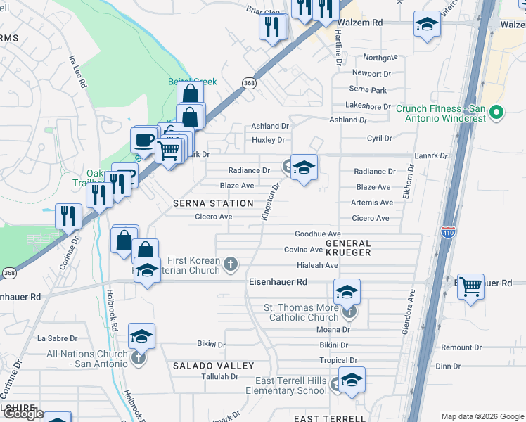 map of restaurants, bars, coffee shops, grocery stores, and more near 326 Artemis Drive in San Antonio