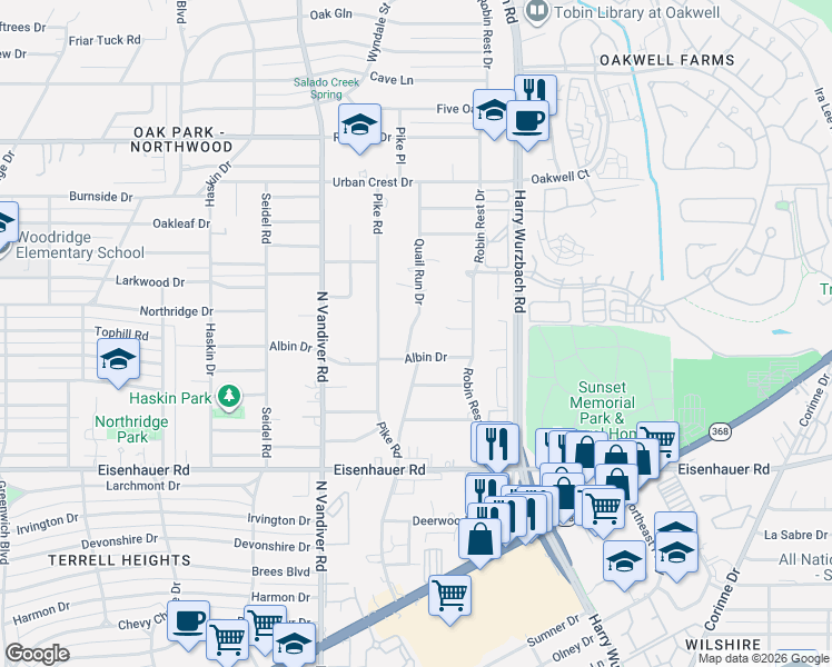 map of restaurants, bars, coffee shops, grocery stores, and more near 7415 Quail Run Drive in San Antonio