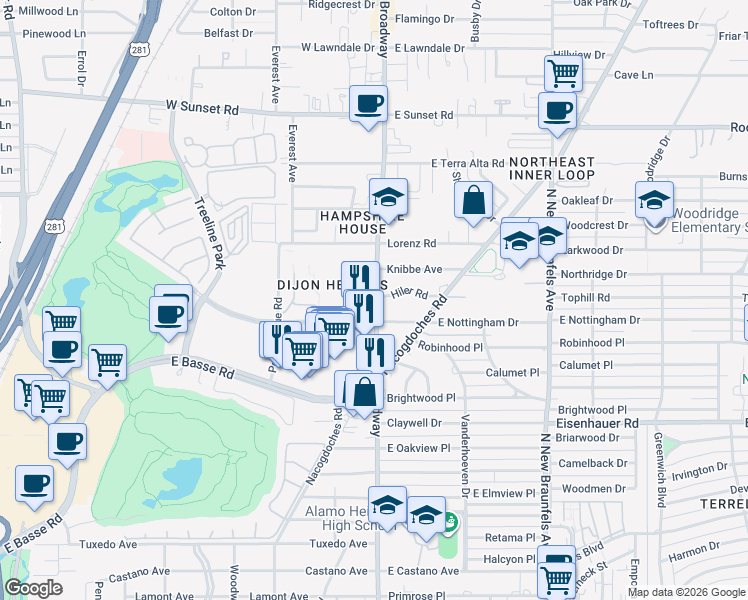 map of restaurants, bars, coffee shops, grocery stores, and more near 107 Hiler Road in San Antonio