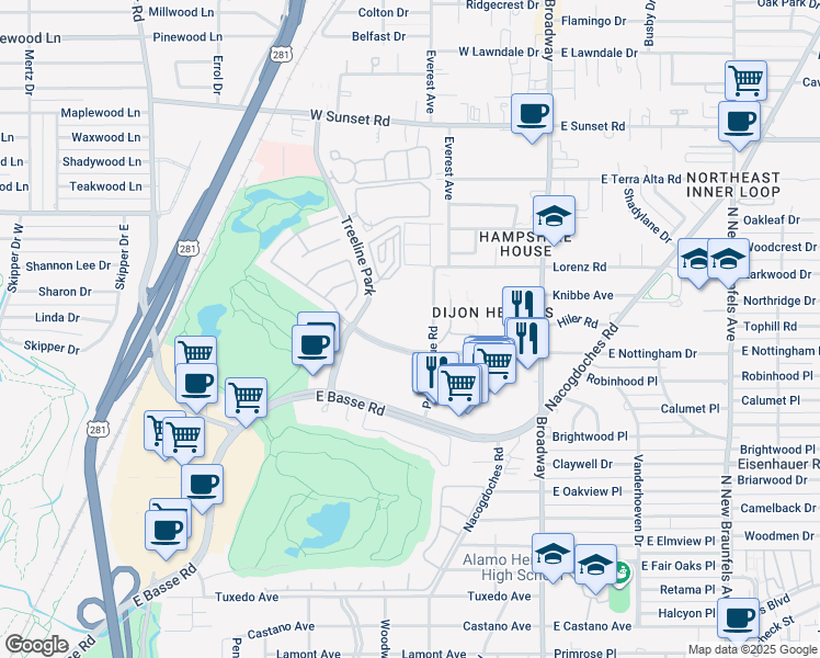 map of restaurants, bars, coffee shops, grocery stores, and more near 311 West Nottingham Drive in San Antonio